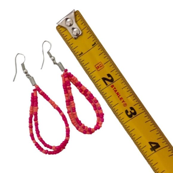 Seed Bead TearDrop Earrings Pink Coral Silver Tone Summer Festival Dangle Spring - Picture 2 of 16